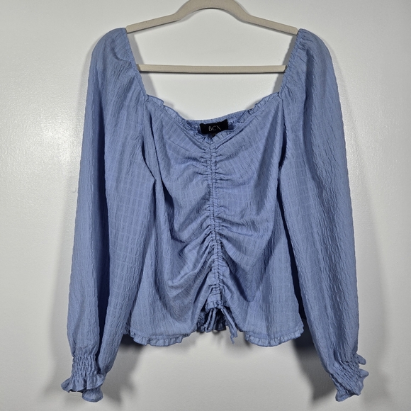 BCX Periwinkle Blue On Or Off Shoulder Ruched Smocked Prairie Blouse Top Size XL - Picture 1 of 13